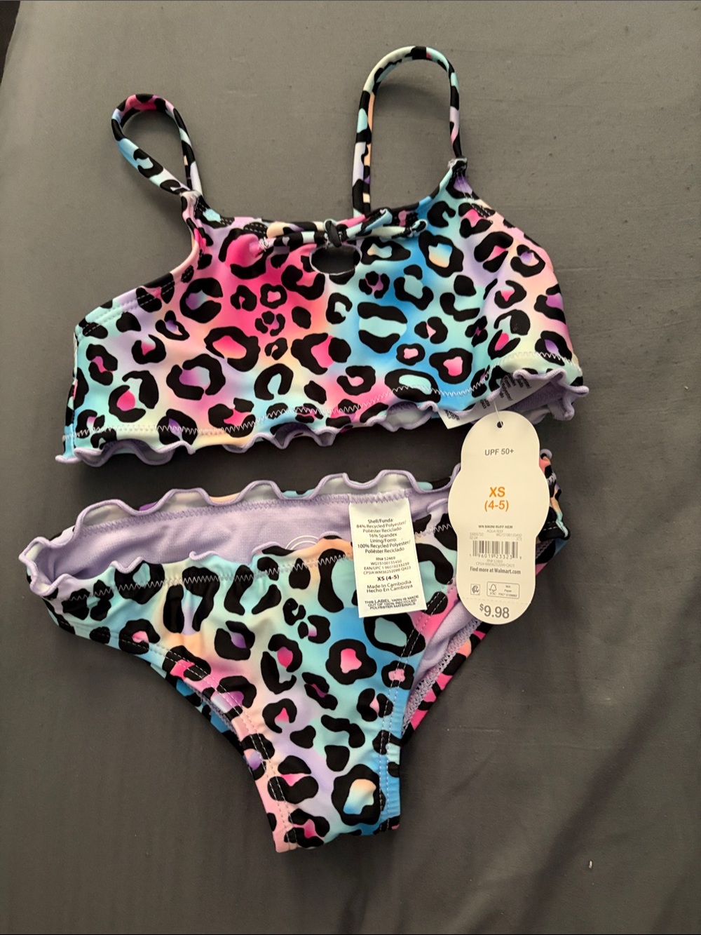 wonder nation Rainbow Leopard Ruffle Bikini in Pink, Purple, Blue, Mint